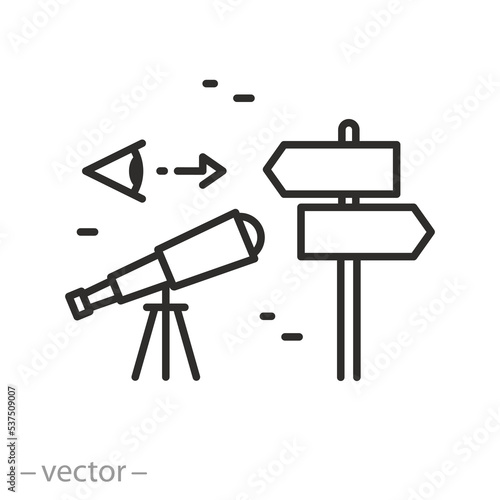 telescope vision icon, road signpost, future pathway choice, thin line symbol on white background - editable stroke vector illustration eps10