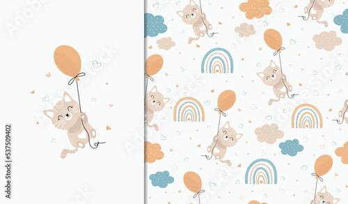Set of poster and seamless pattern with a cute kitten on a balloon. Children's illustration for posters, textiles. Vector
