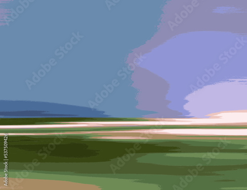 Illustration abstraite d'art paysager avec plage, ciel, nuages et océan Vecteur - Couleur bleue