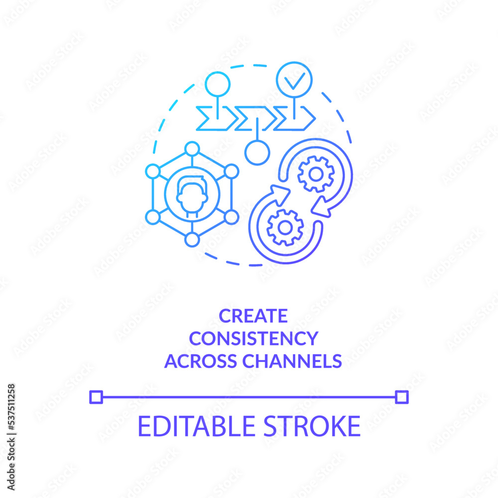 Create consistency across channels blue gradient concept icon. Increase customer interaction abstract idea thin line illustration. Isolated outline drawing. Myriad Pro-Bold fonts used Create consistency across channels blue gradient concept icon. Increase customer interaction abstract idea thin line illustration. Isolated outline drawing. Myriad Pro-Bold fonts used