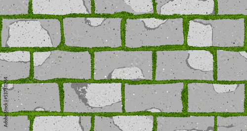 Seamless pattern of old pavement with moss and interlocking cracked old bricks. Vector pathway texture top view. Outdoor concrete slab sidewalk. Cobblestone footpath or patio. Concrete block floor