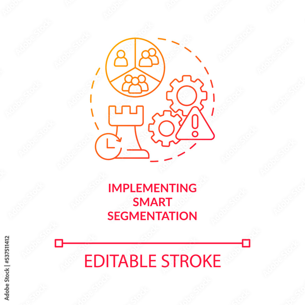 Implementing smart segmentation red gradient concept icon. Separate customers into groups. Marketing strategy abstract idea thin line illustration. Isolated outline drawing. Myriad Pro-Bold fonts used Implementing smart segmentation red gradient concept icon. Separate customers into groups. Marketing strategy abstract idea thin line illustration. Isolated outline drawing. Myriad Pro-Bold fonts used