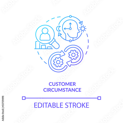 Customer circumstance red gradient concept icon. Know your client needs. Behavioral marketing research abstract idea thin line illustration. Isolated outline drawing. Myriad Pro-Bold fonts used
