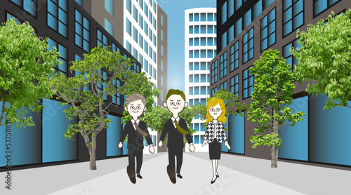 緑のあるオフィス街で列をなして歩く3人のエージェント