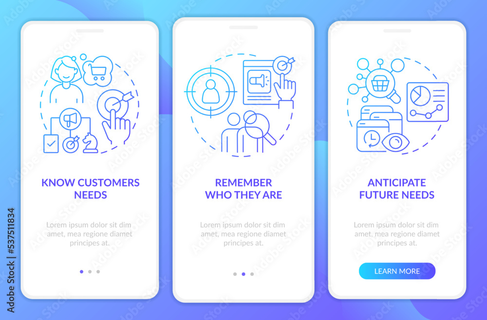 Research target audience needs blue gradient onboarding mobile app screen. Walkthrough 3 steps graphic instructions with linear concepts. UI, UX, GUI template. Myriad Pro-Bold, Regular fonts used