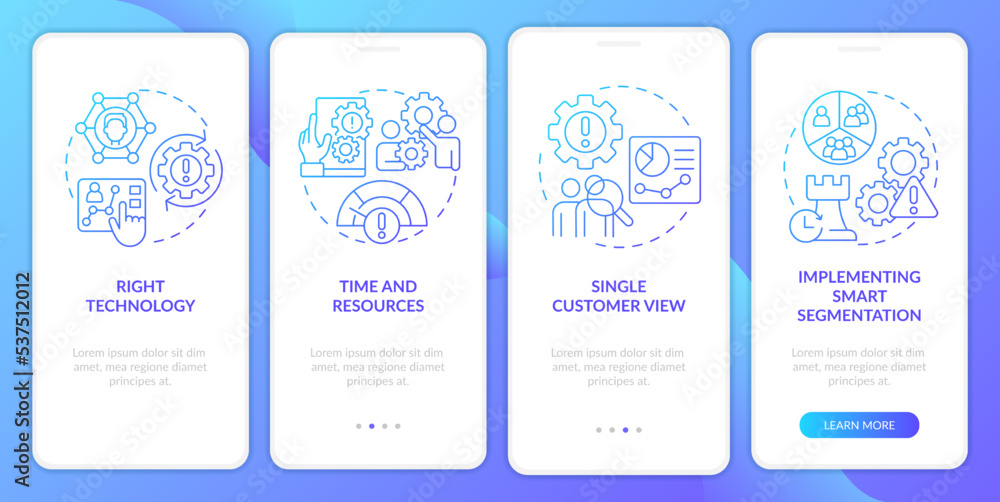 Personalized marketing tasks blue gradient onboarding mobile app screen. Walkthrough 4 steps graphic instructions with linear concepts. UI, UX, GUI template. Myriad Pro-Bold, Regular fonts used