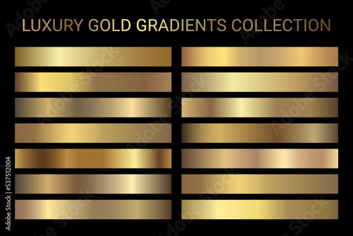 Luxury gold gradients collection vector. Golden gradients set of metallic festive gold vector colors. For Christmas cards, banners, tags, fonts, New Year Eve party flyers, invitation card design