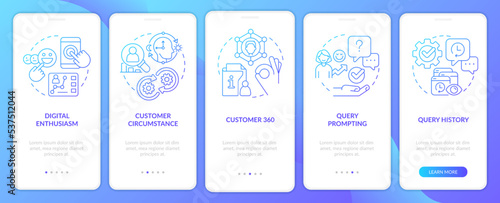 Improve interaction with customers blue gradient onboarding mobile app screen. Walkthrough 5 steps graphic instructions with linear concepts. UI, UX, GUI template. Myriad Pro-Bold, Regular fonts used