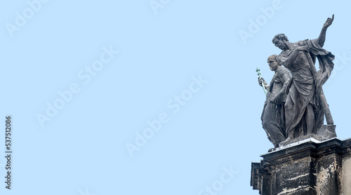 Banner with historical and touristic center in Dresden downtown and Cathedral of Holy Trinity in Dresden, Germany, at sunny day and blue sky with copy space solid background.