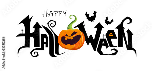 Happy Halloween hand lettering text with pumpkin and bats. Good for greeting card, Halloween party invitation, banner, postcard, poster template. Vector illustration.