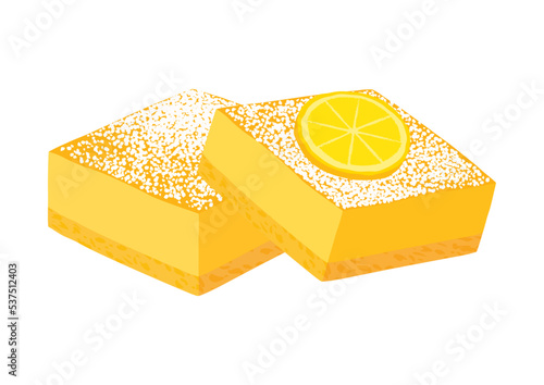 Lemon Bar shortbread sweet yellow pastry icon vector. Slice of fresh lemon cake icon vector isolated on a white background. Lemon pie with powdered sugar on top drawing