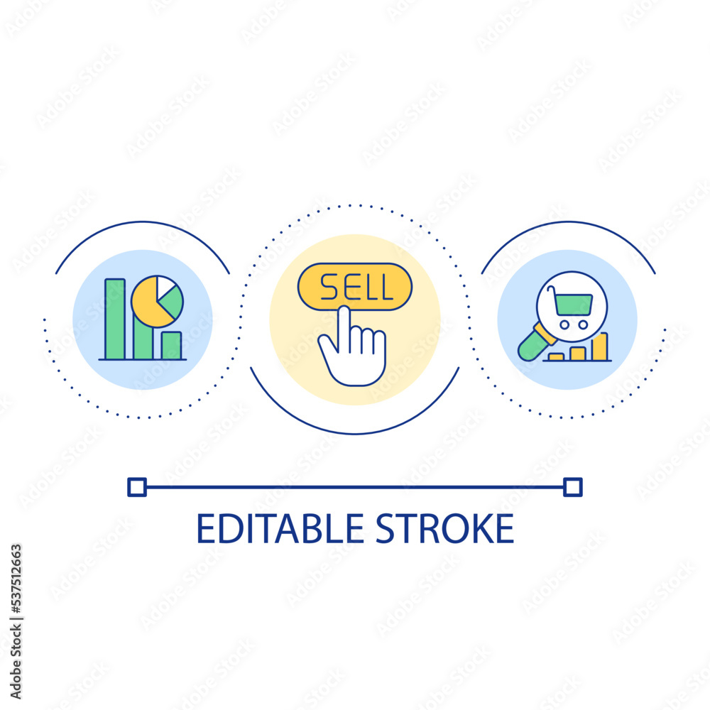 Selling analytics loop concept icon. Study business data. Marketing strategy building abstract idea thin line illustration. Isolated outline drawing. Editable stroke. Arial font used Selling analytics loop concept icon. Study business data. Marketing strategy building abstract idea thin line illustration. Isolated outline drawing. Editable stroke. Arial font used