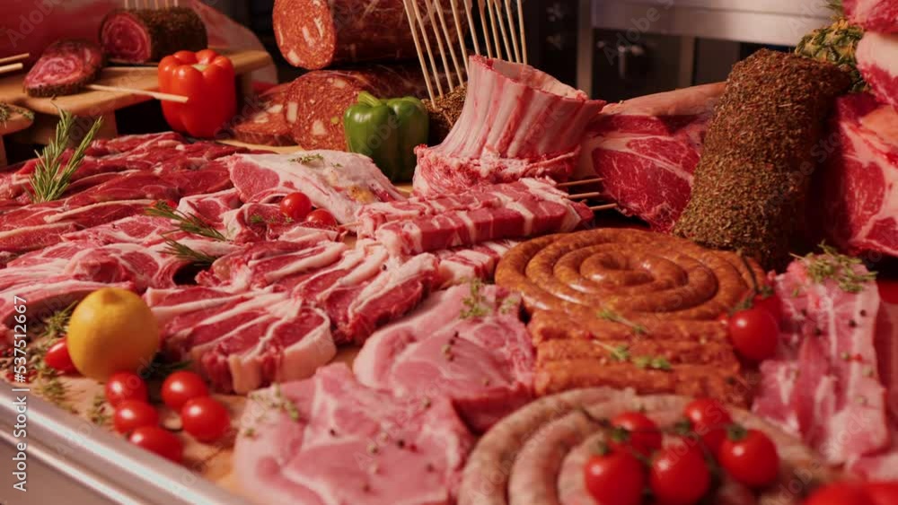 Stockvideo Premium organic meat showcase in butchers kitchen. delicious