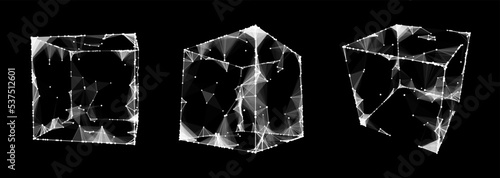 Set of wireframe cubes from different sides. Vector abstract geometric 3D objects. Technology block chain network connection.
