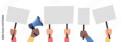 People holding placards isolated on white background. People against violence, descrimination, human rights. Protesters concept. Vector stock