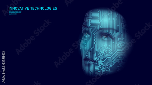 Virtual assistant voice recognition service technology. AI artificial intelligence robot support. Chatbot beautiful female face low poly vector illustration