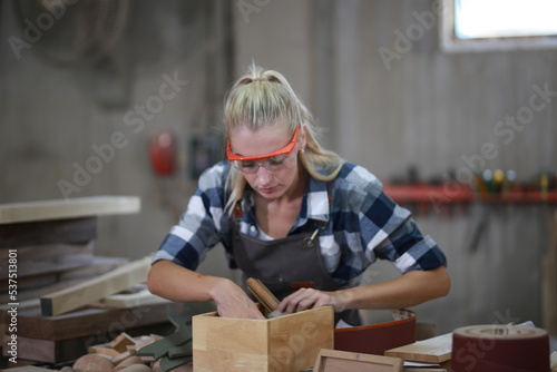 Carpenters Assembling Furniture, Small business in wood DIY workplace office background