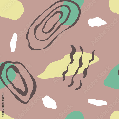 Boho seamless pattern with abstract shapes on brown background.