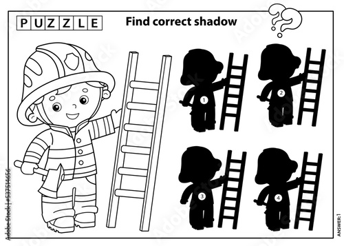 Puzzle Game for kids. Find correct shadow. Coloring Page Outline Of cartoon fireman or firefighter with a fire extinguishing ladder and a hatchet. Profession. Coloring book for children.
