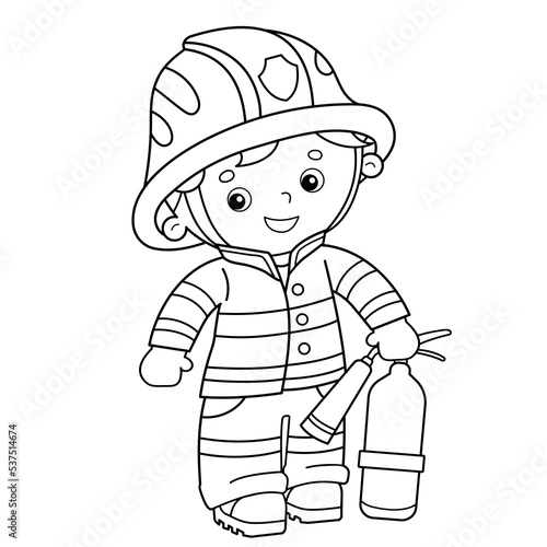 Coloring Page Outline Of cartoon fireman or firefighter with a fire extinguisher. Profession. Coloring Book for kids.