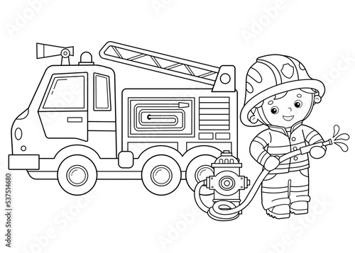 Coloring Page Outline Of cartoon fire truck with fireman or firefighter. Fire fighting. Professional transport. Coloring Book for kids.