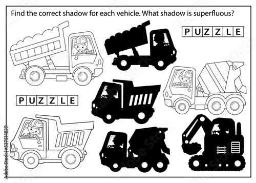 Puzzle Game for kids. Find correct shadow. Construction vehicles. Cartoon lorry, dump truck and crawler excavator. Coloring book for children.