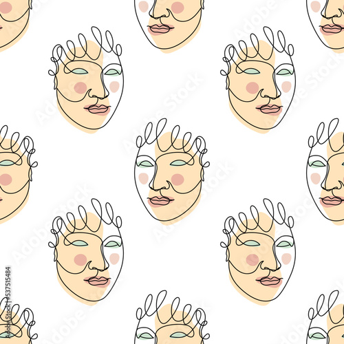 Seamless pattern with black single line drawings of female face and abstract shapes. On white background