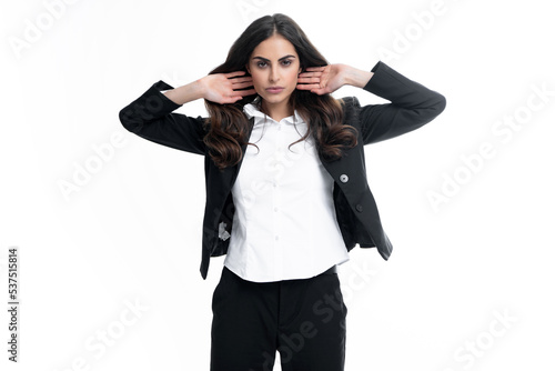 Sexy sensual business woman portrait. Fashion businesswoman in suit isolated on white studio background. Business women vogue style.