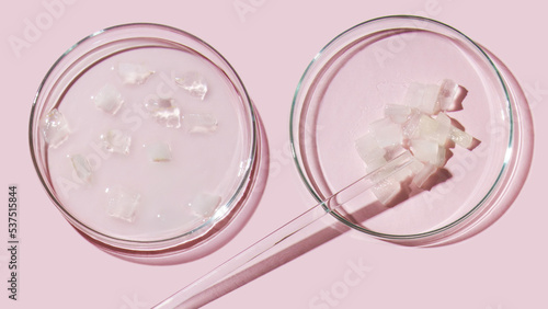 aloe vera and cosmetic ingredients, aloe petri dishes, cosmetic research, sliced aloe, aloe juice, aloe gel, aloe cream, on a pink background