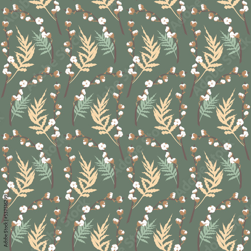 Boho seamless pattern with eucalyptus and cotton on green background.