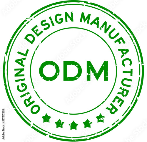 Grunge green ODM Original Design Manufacturer word round rubber seal stamp on white background