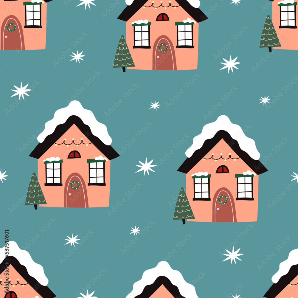 holiday Seamless pattern with cartoon houses, decor elements. colorful vector for kids, flat style. hand drawing. Baby design for fabric, textile, print, wrapper.