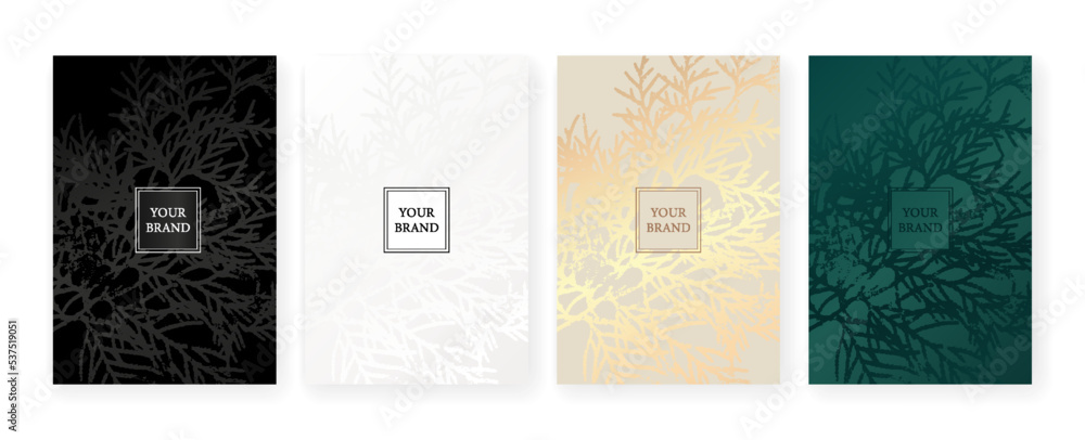 Luxury Corporate Holiday cards with Christmas tree. Tropical cover design set with branchs branch. Holiday black and gold pattern for vector floral wedding party card, luxury menu template