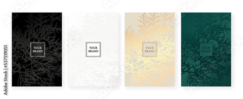Luxury Corporate Holiday cards with Christmas tree. Tropical cover design set with branchs branch. Holiday black and gold pattern for vector floral wedding party card, luxury menu template