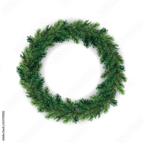 Vector christmas decorative round wreath frame with coniferous branches isolated on white background