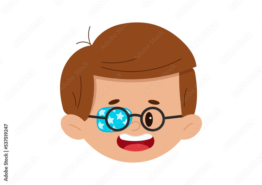 Amblyopia eye patch on boy face with eyeglasses isolated on white background.