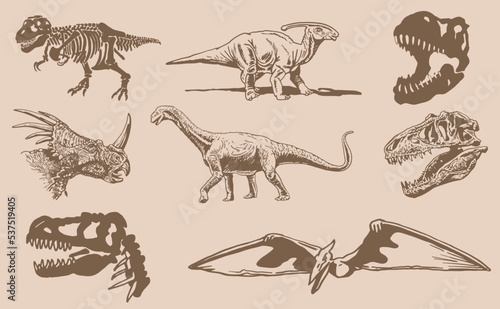 Graphical vintage set of dinosaurs , sepia background,vector illustration for tattoo and printing