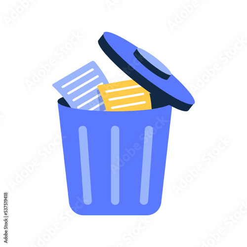 Trash bin on wheels full of paper and documentation of no need, administrative overloading with nonworking documents and files
