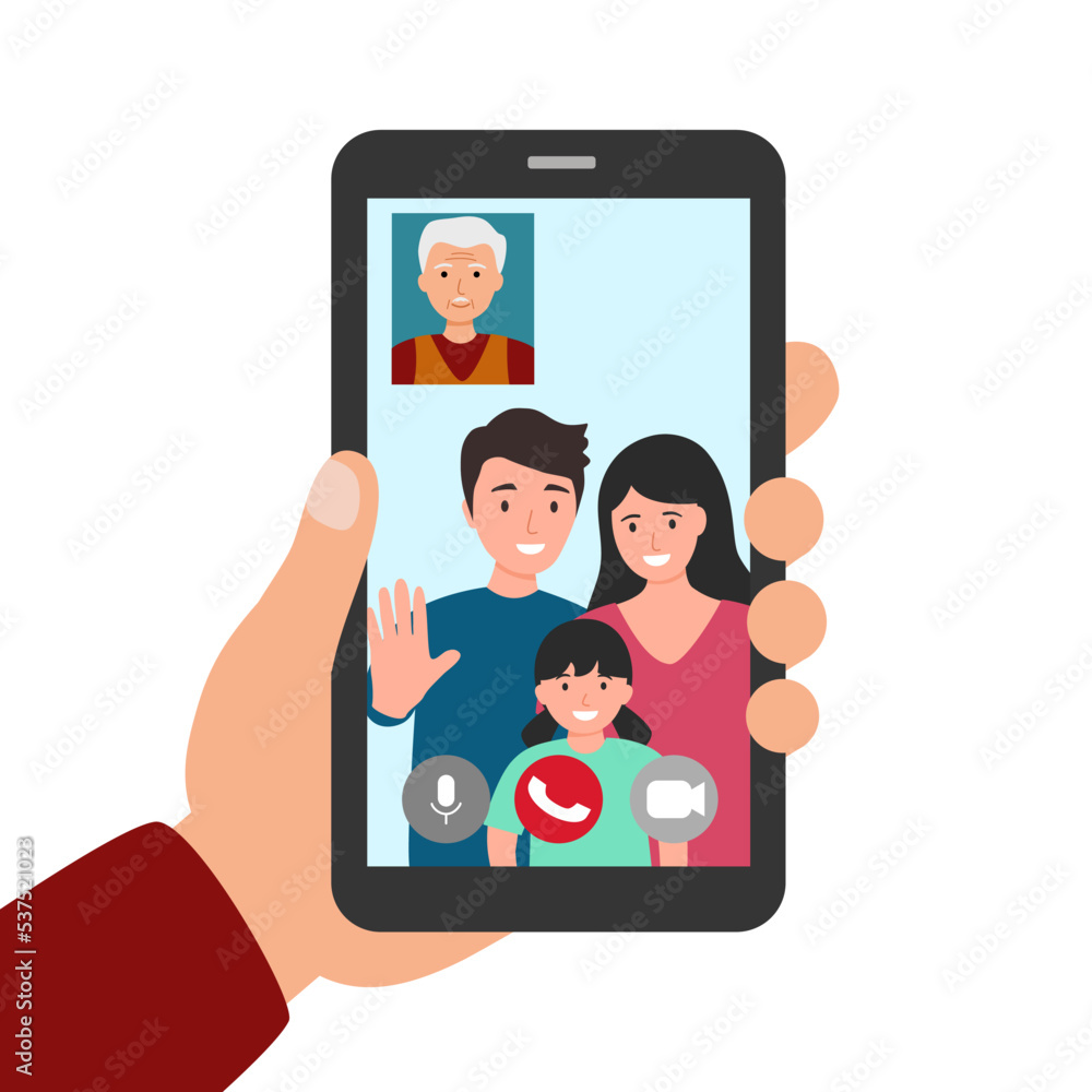 Family video call on smartphone in flat design on white background. Family video call on smartphone in flat design on white background.