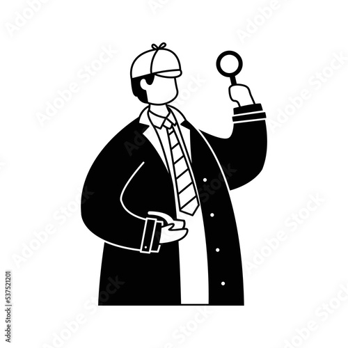 Vector illustration of a private investigator in a raincoat with a magnifying glass in his hands and a smoking pipe. Profession. Line art