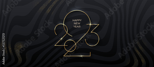 Golden 2023 New Year logo on black striped background with glitter gold. Holiday greeting card.  Holiday design for greeting card, invitation, calendar, etc. Vector illustration.