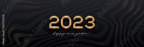 2023 new year golden logo on abstract black waves background. Greeting design with realistic gold metal number of year. Design for greeting card, invitation, calendar, etc. Vector illustration.