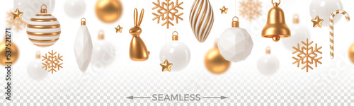 Christmas white and gold baubles and decorations. Seamless background. 3d render vector illustration.