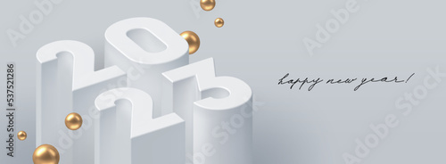 2023 new year greeting card with 3d realistic render number of the year with golden sphere. Vector illustration.