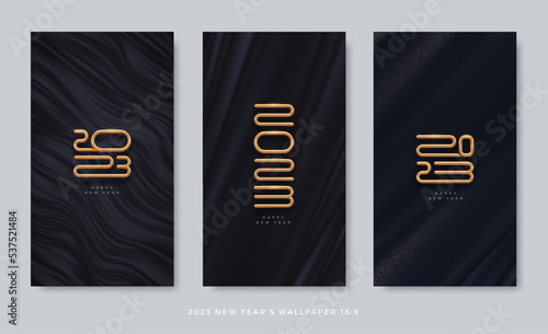 Set of black abstract background with 2023 new year golden logo. Template design with gold metal number of year. Wallpaper with aspect ratio 16:9.