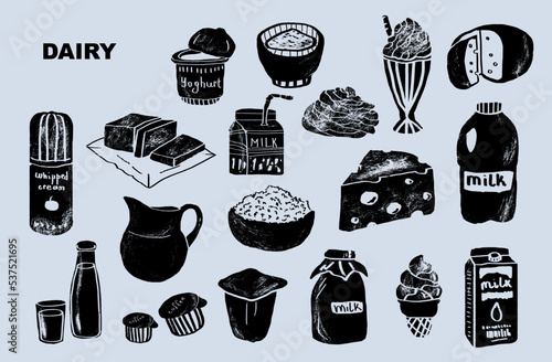 Hand draw vector set dairy products. Illustration of cottage cheese, milk, butter, cheese, sour cream, powdered milk,  ice cream. Yogurt, whipped cream for design market farm product. 
