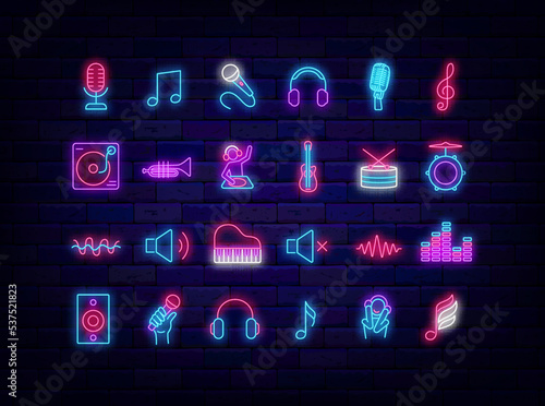 Music neon icons collection. Drum kit, equalizer and microphone. Notes, headphones and dj console. Vector illustration