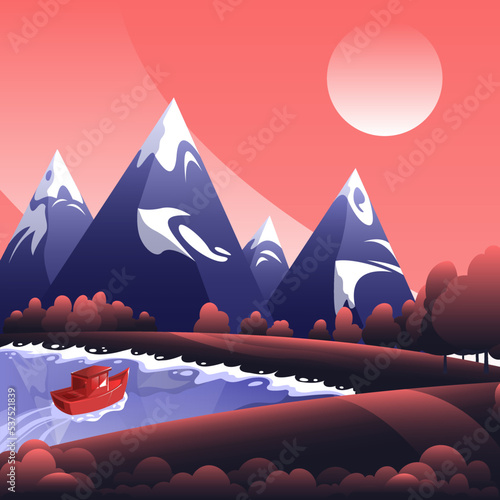 Vector hand drawn illustration of a boat on the lake with the mountains against the background.