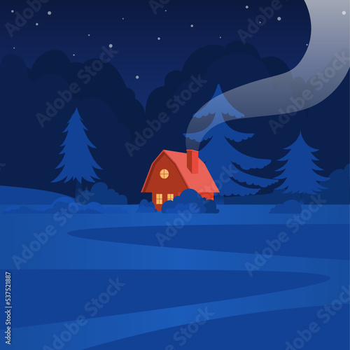 Vector hand drawn Illustration of a house with a forest in a background at night.