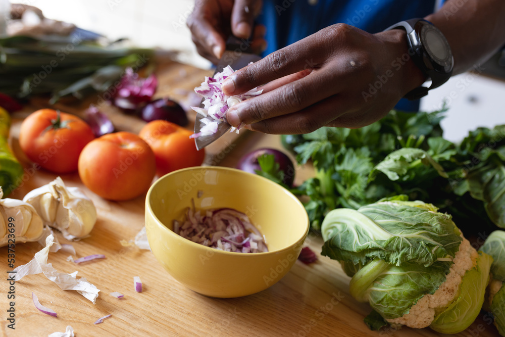 Midsection of african american man standing in kitchen and cooking dinner Midsection of african american man standing in kitchen and cooking dinner